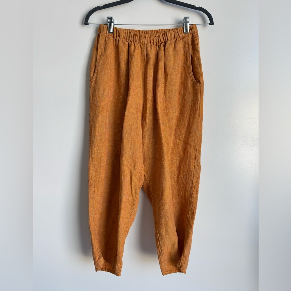 Flax Linen Elastic-Waist Capris in Warm Rust